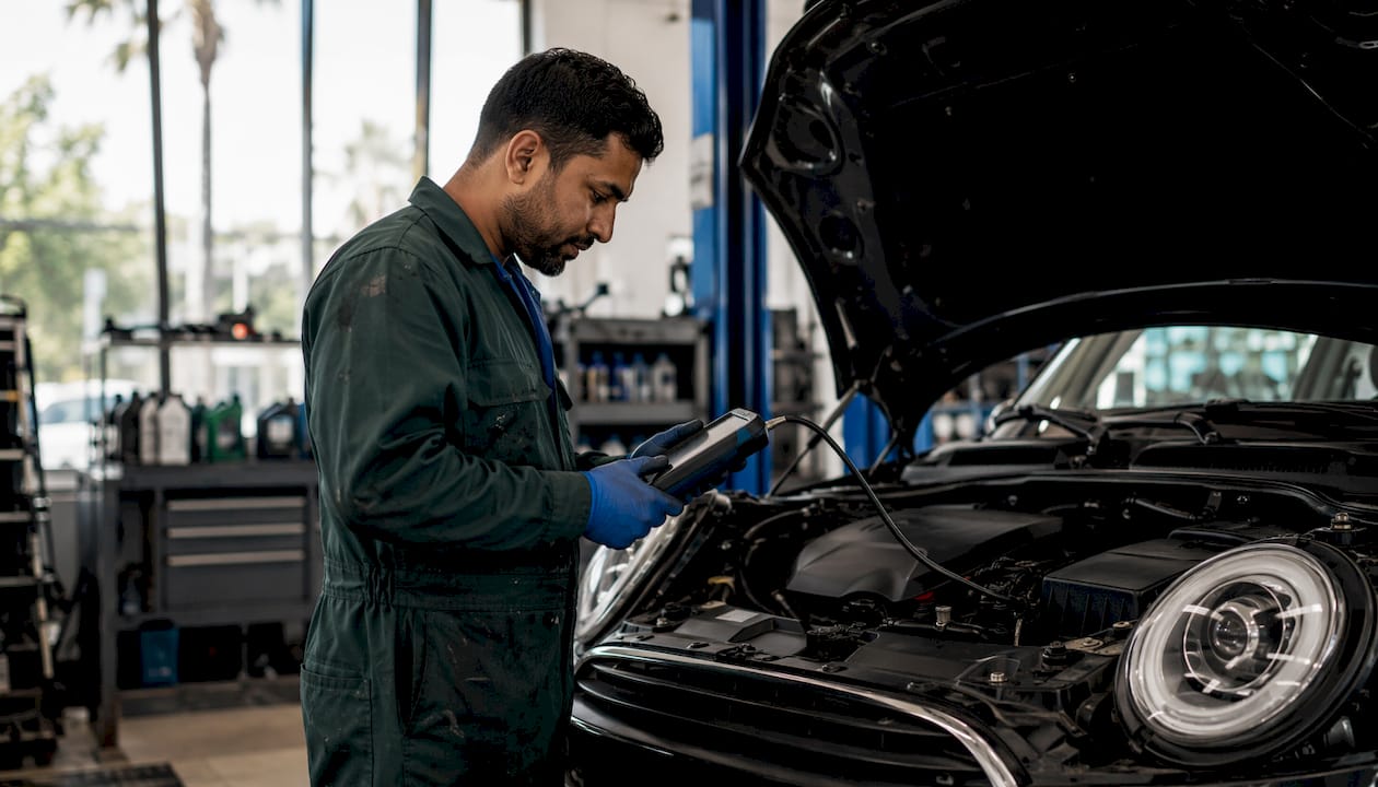 Mechanic using diagnostic tool on Mini Cooper engine