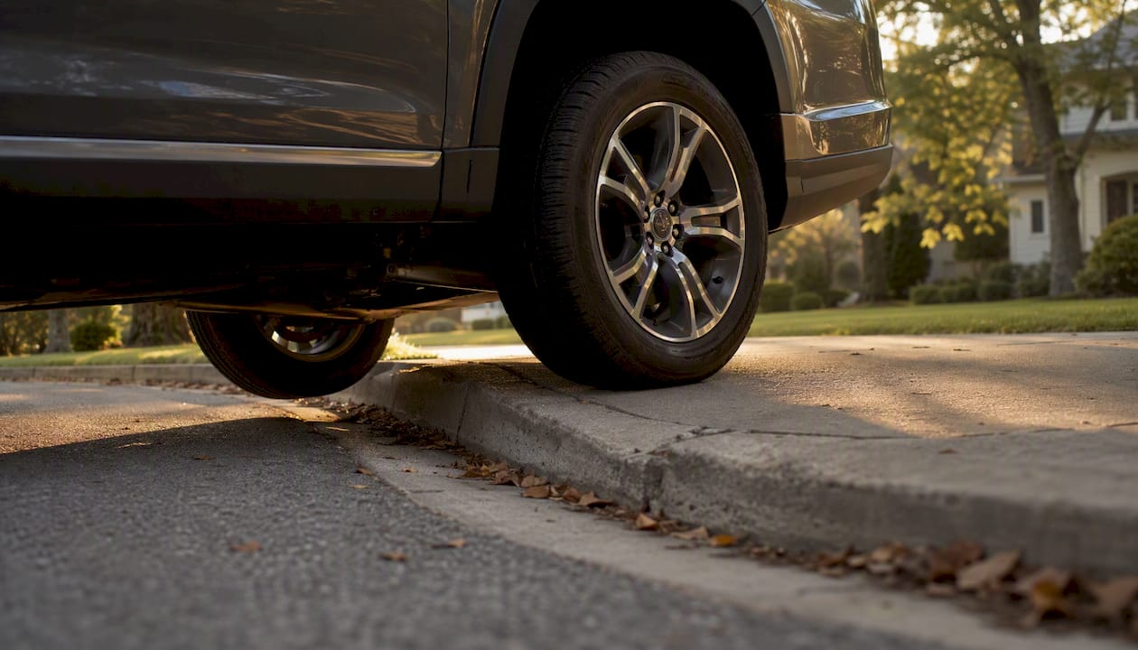 Luxury SUV tire and suspension over curb cut