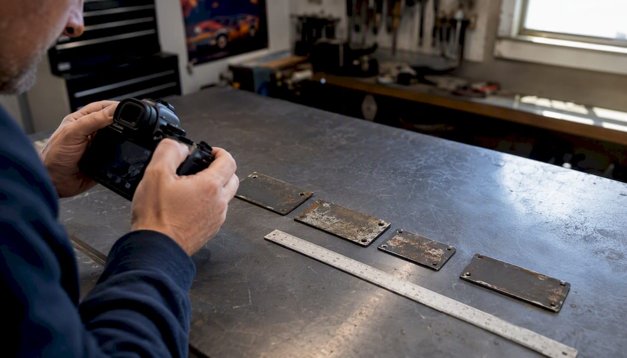 Close-up of hands photographing vehicle ID tags