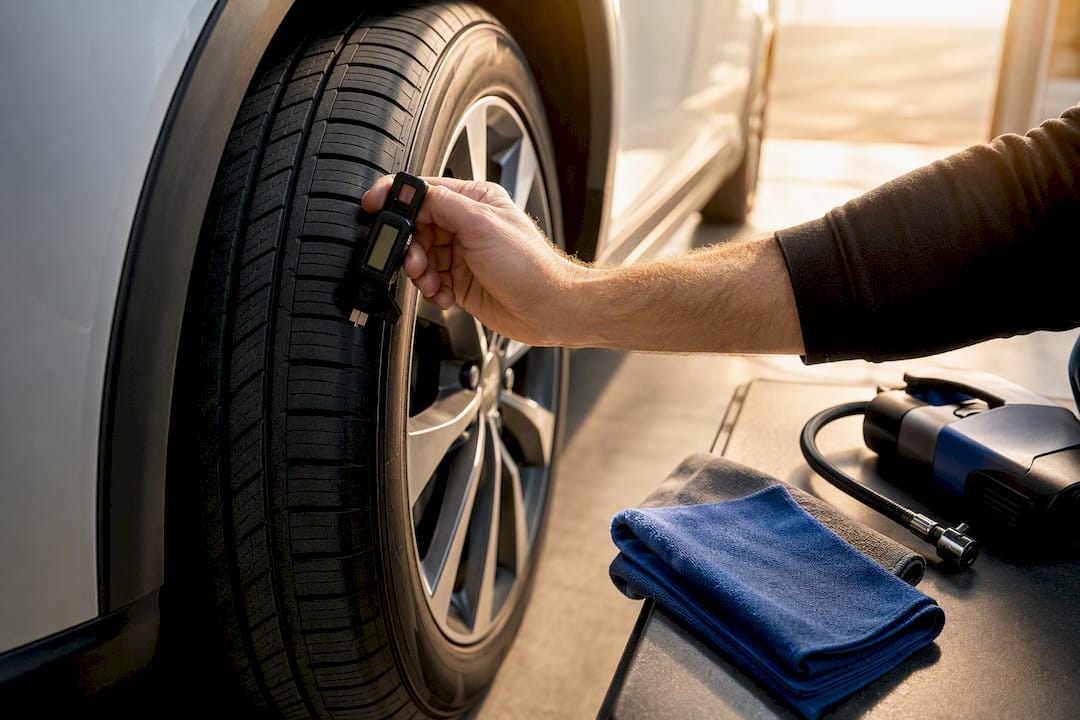 Owner checking tire tread before vehicle appraisal