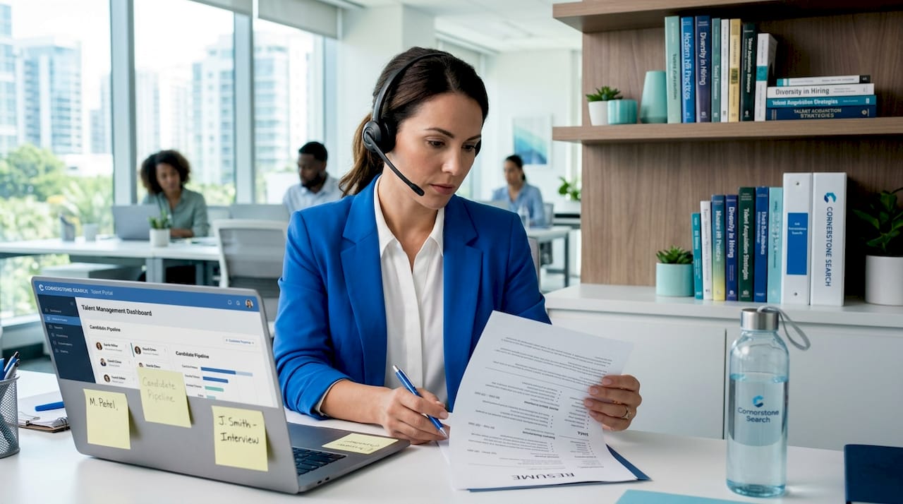 Recruiter reviewing candidate resume in open office