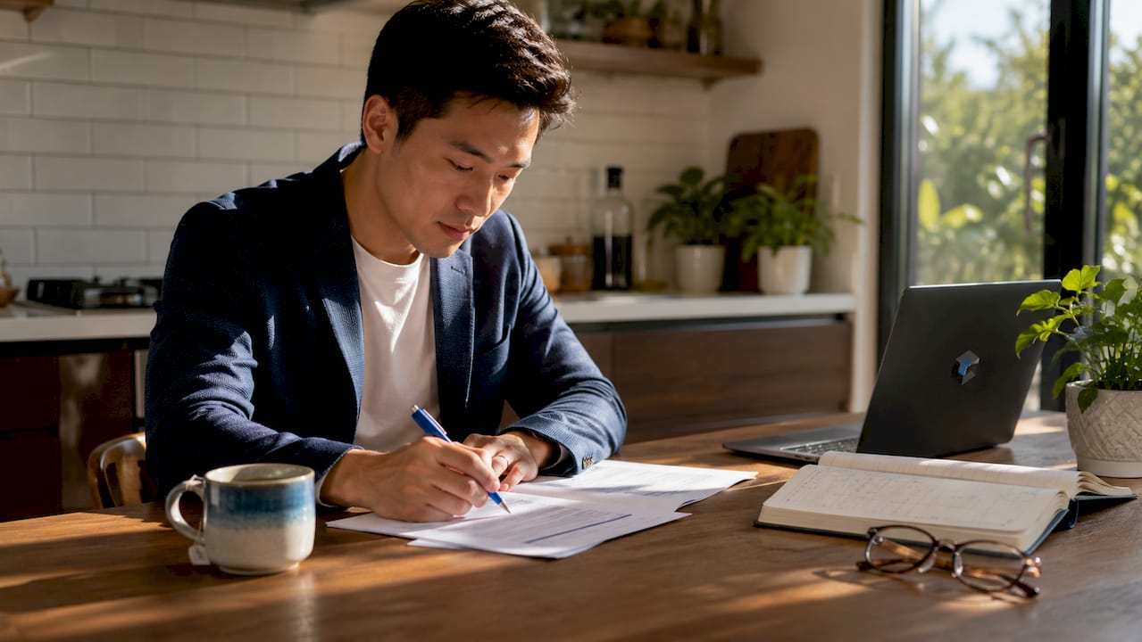 Recruiter annotating executive resume at desk