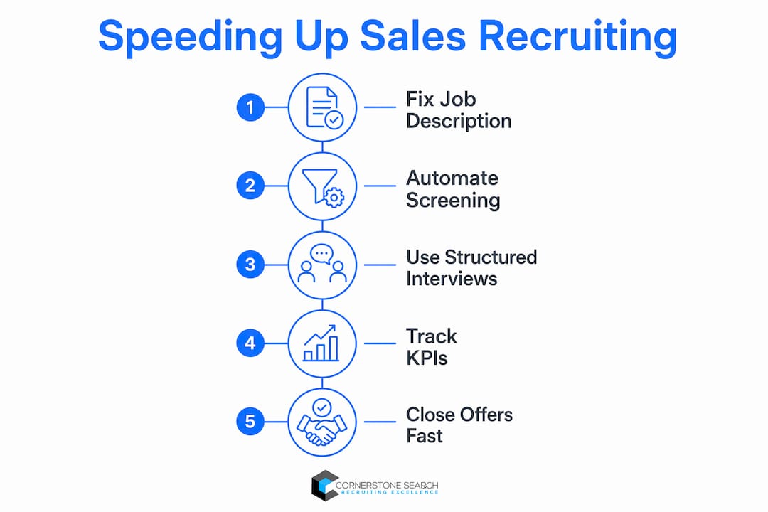 Infographic illustrating steps to speed up sales recruiting process