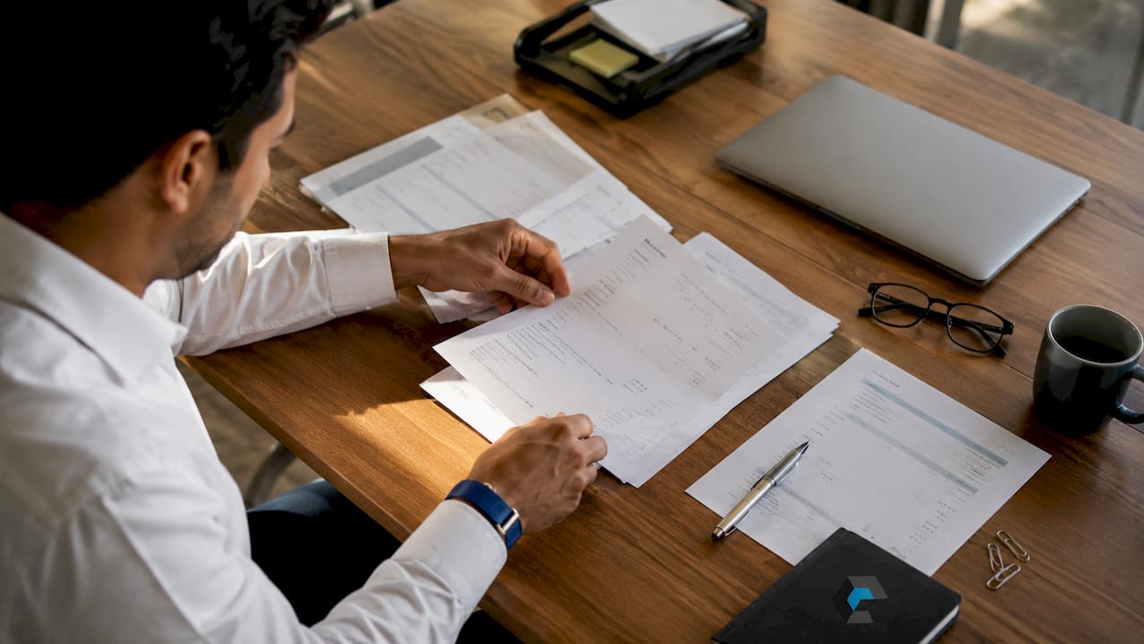 Hands organizing retained search fee documents