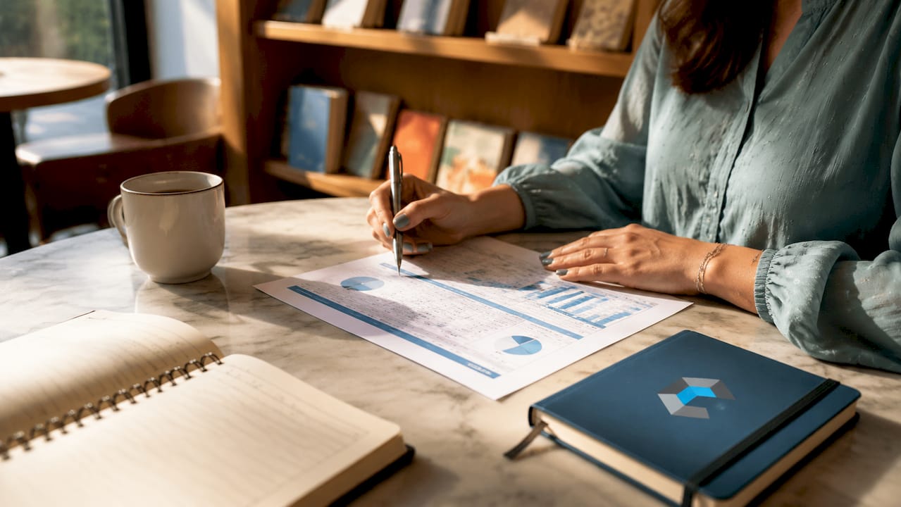 Hands reviewing sales compensation structure over calculator
