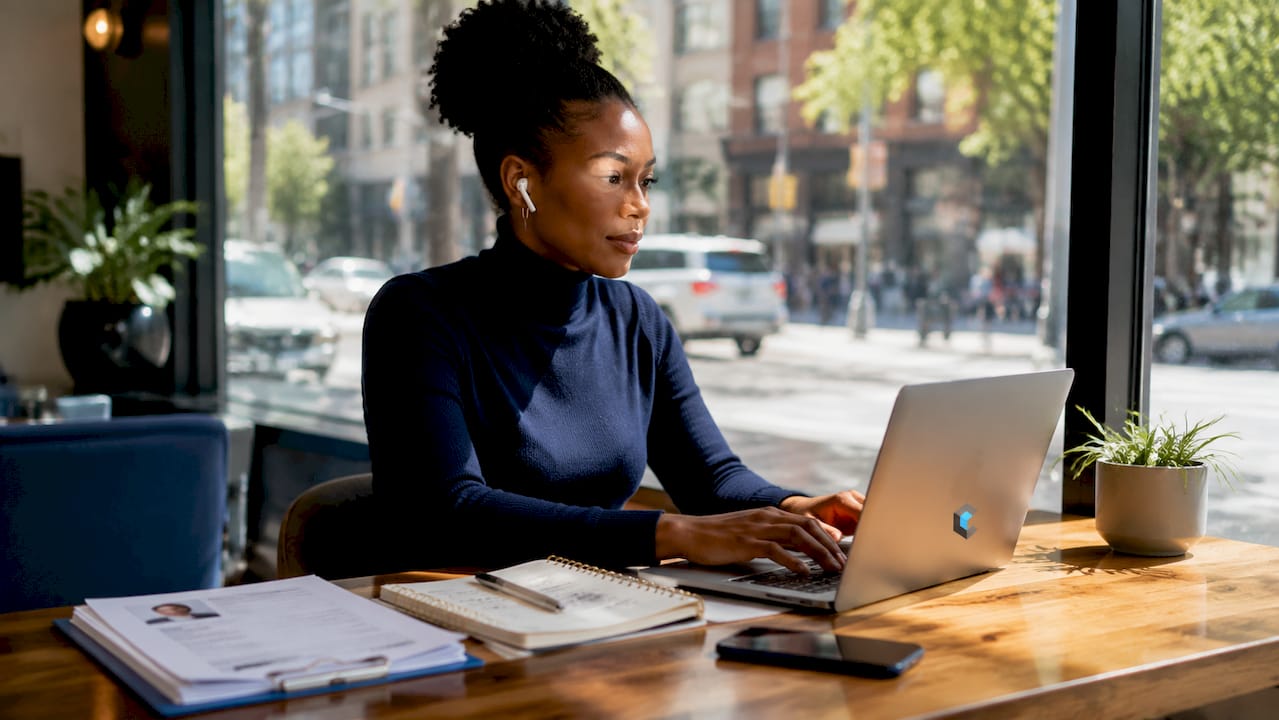Female specialized recruiter working at laptop