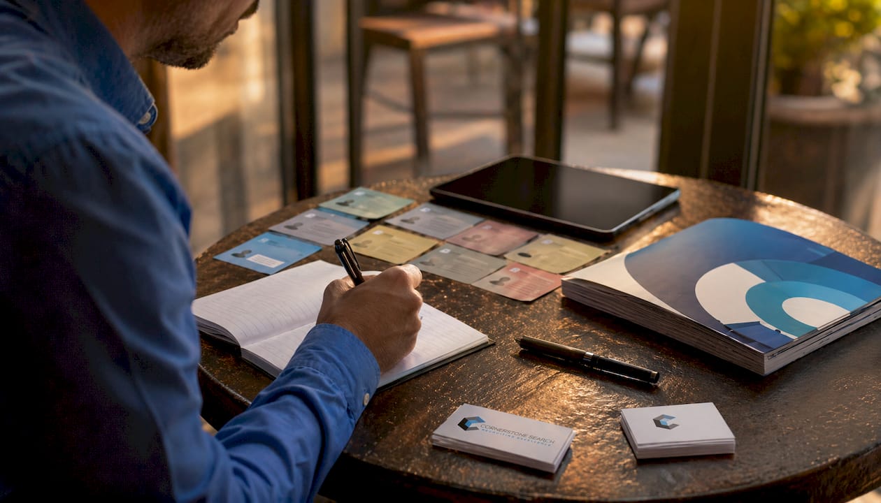 Sales hiring preparation tools and notes on table in coworking space