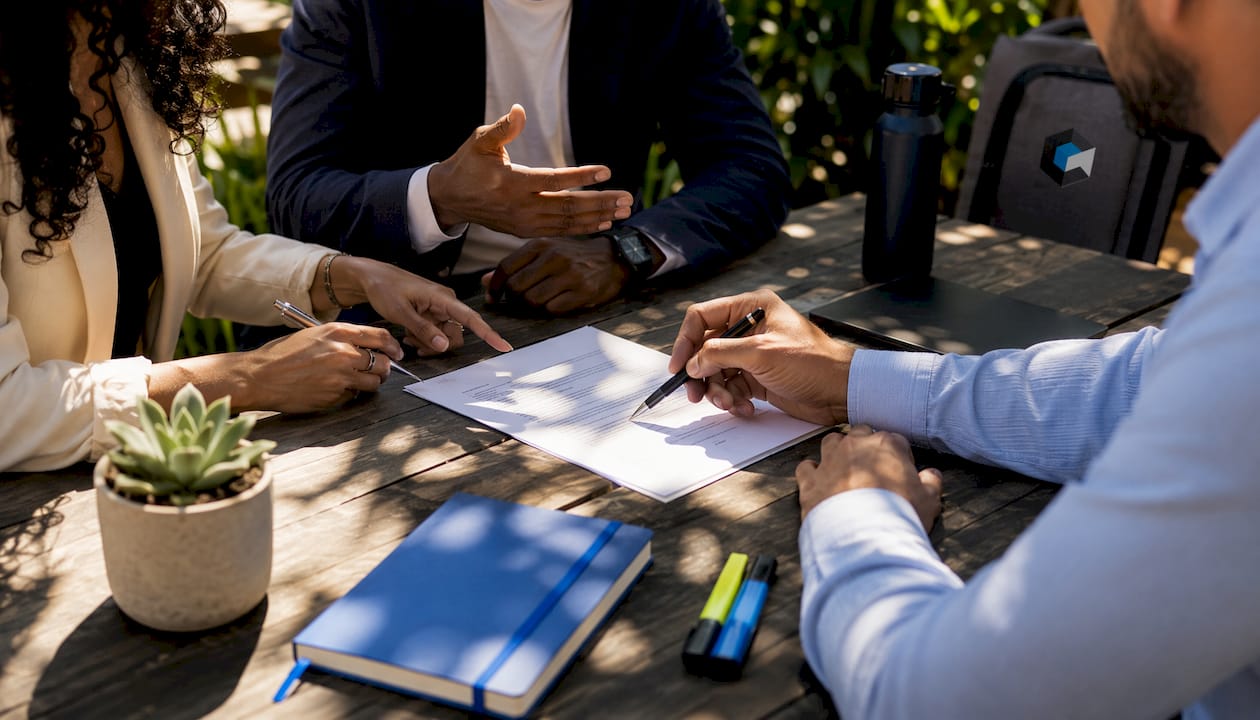 Hands discussing non-compete agreement document