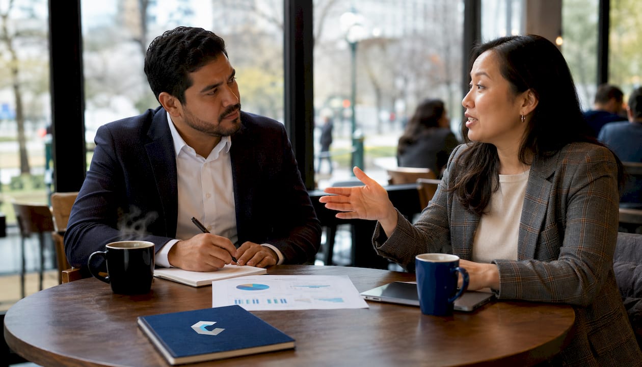 Manager coaching sales rep in meeting room