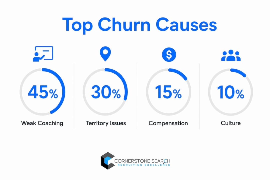 Infographic showing main causes of SaaS sales rep churn