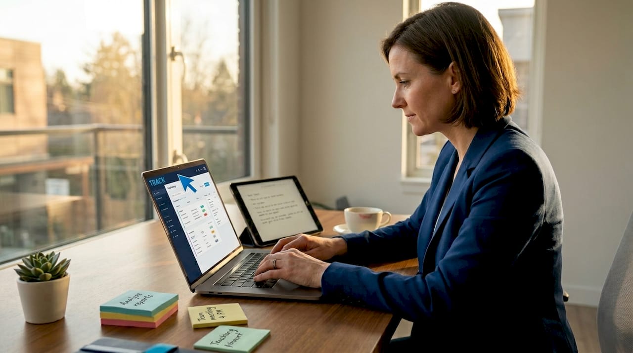 Businesswoman working on marketing automation tasks