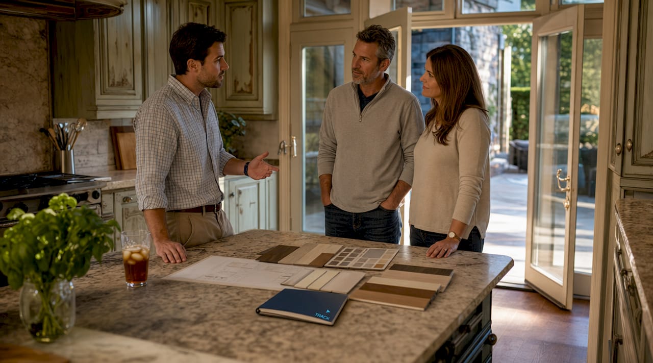 Project manager consulting couple on remodeling design plans