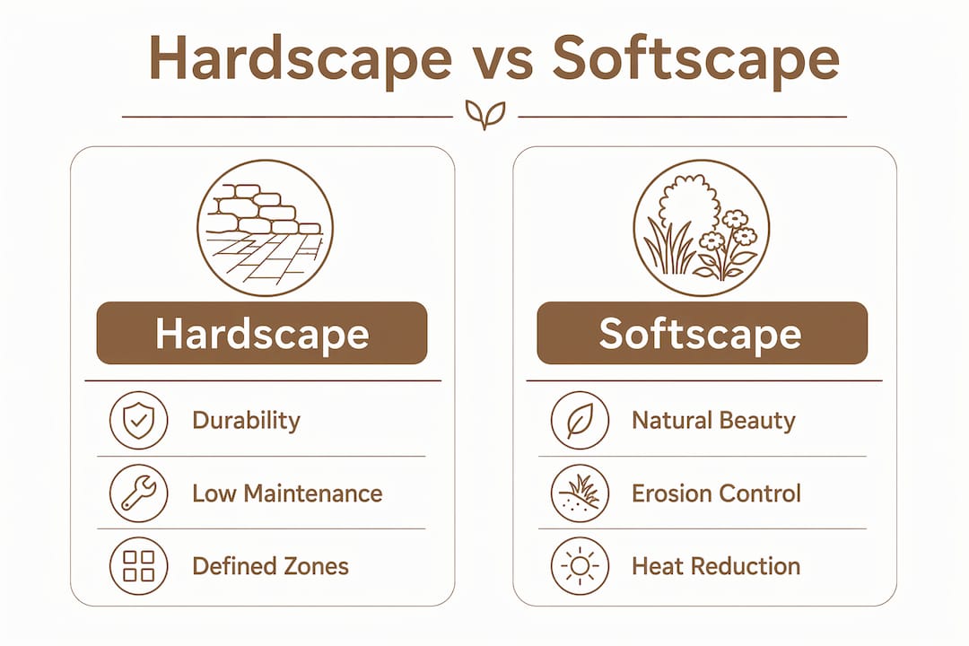 Infographic comparing hardscape and softscape benefits