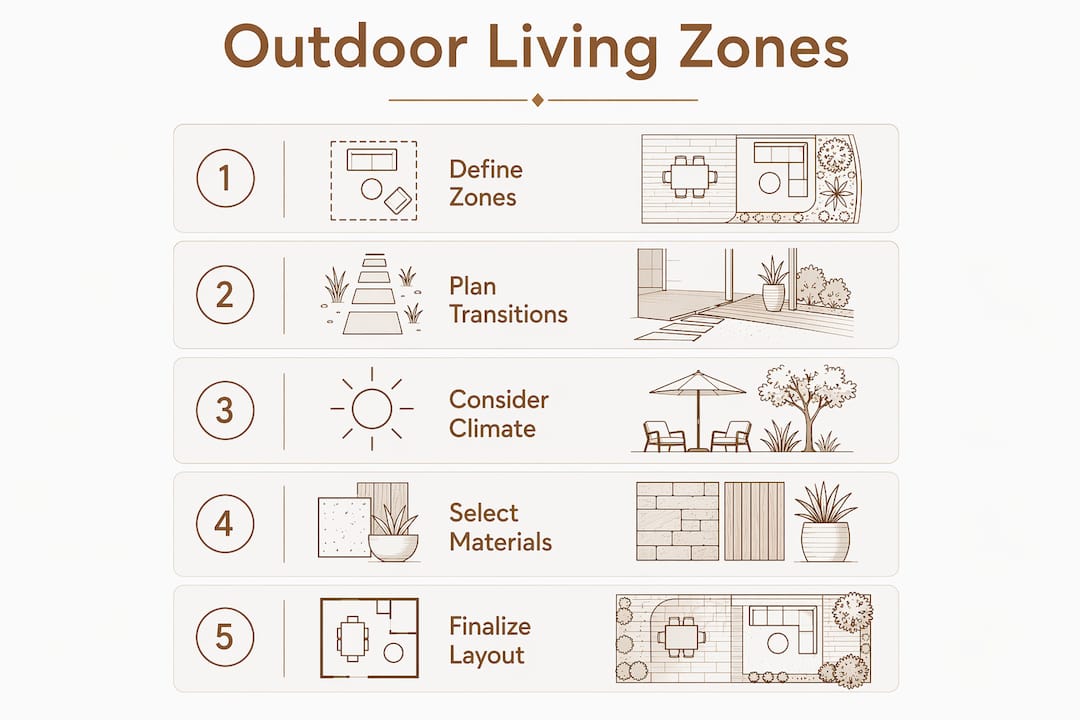 Infographic showing steps to plan outdoor living space zones