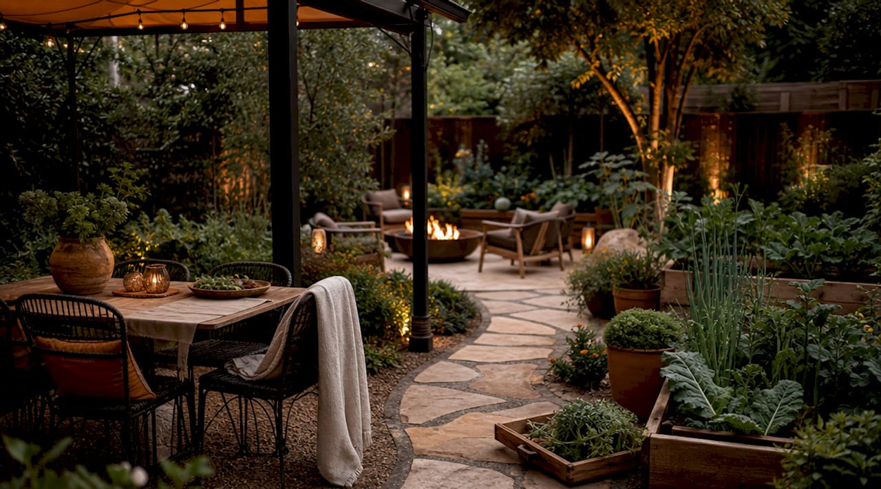 Aerial view of zoned outdoor living space with shade