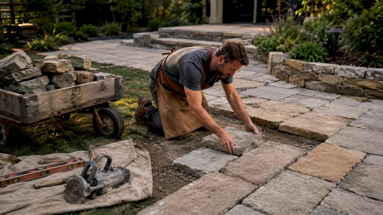 Craftsman laying reclaimed stone pavers outdoors