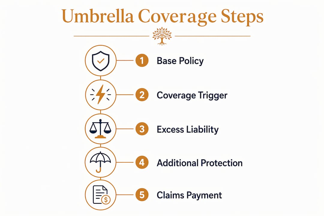 Infographic depicting umbrella insurance coverage process steps
