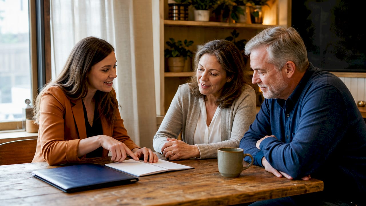 Insurance agent discussing details with couple