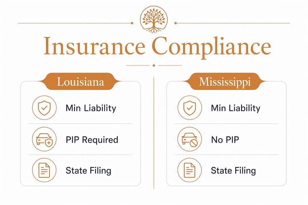 Infographic comparing Louisiana and Mississippi fleet insurance compliance