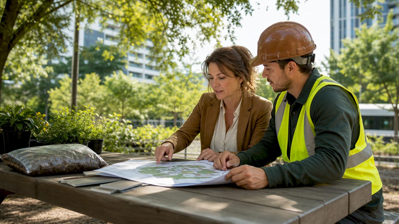 Project manager and contractor discussing landscaping plans outdoors