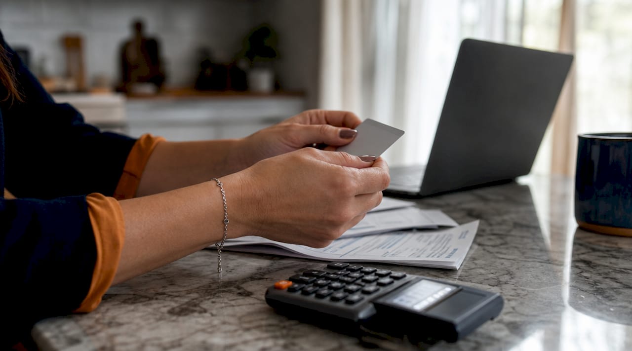 Hands with insurance card and calculator reviewing coverage