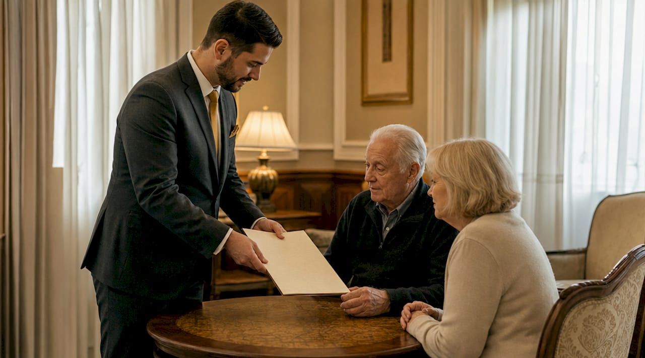 Funeral director providing price list to couple