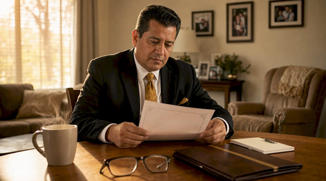 Man reviewing funeral pre-planning document at home