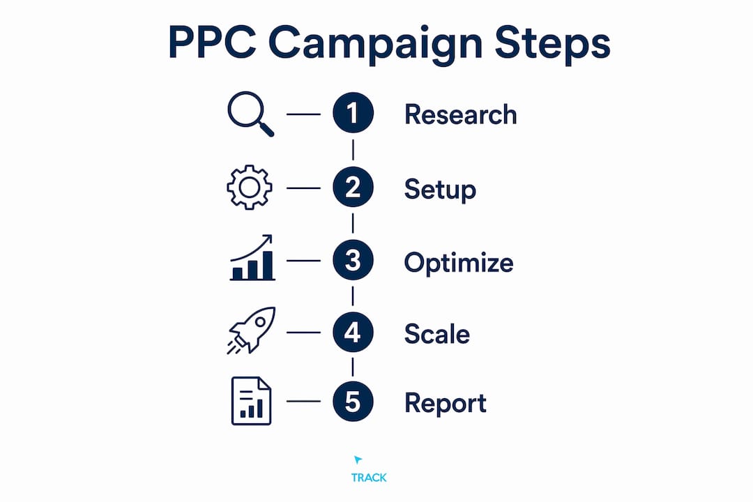 Infographic illustrating PPC campaign step flow