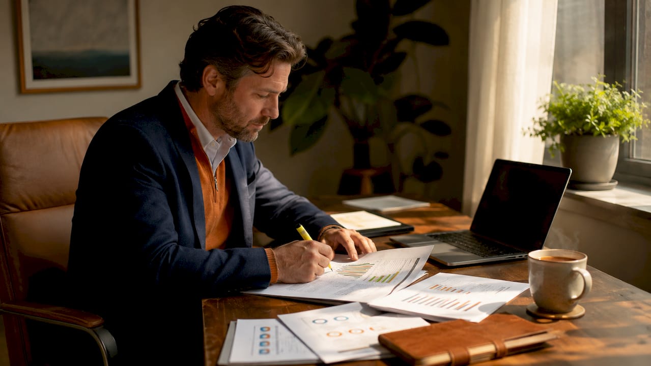 Insurance underwriter reviewing risk documents overhead view