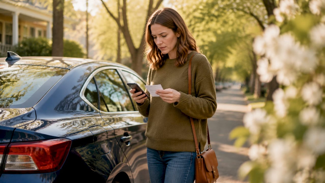 Woman checking auto insurance card by car