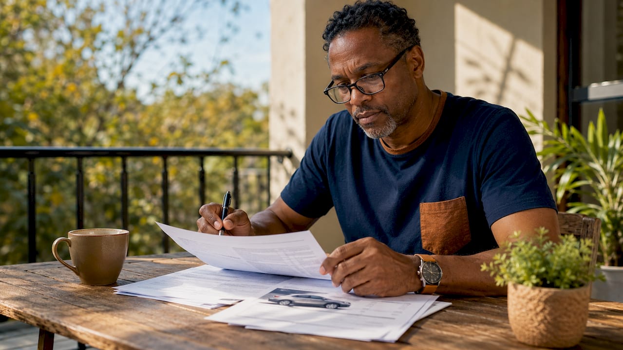 Man reviewing auto insurance papers at home