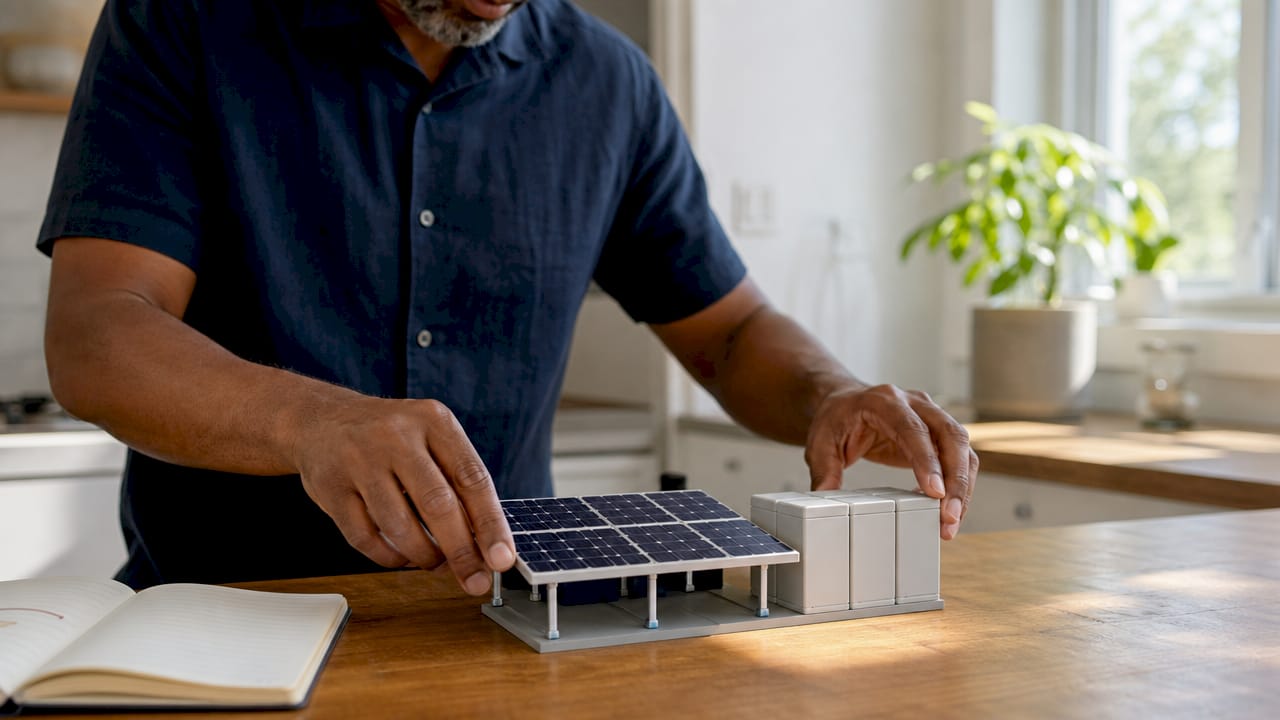 Hands arranging solar and storage models