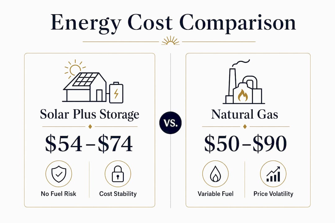 Infographic comparing solar plus storage and natural gas costs