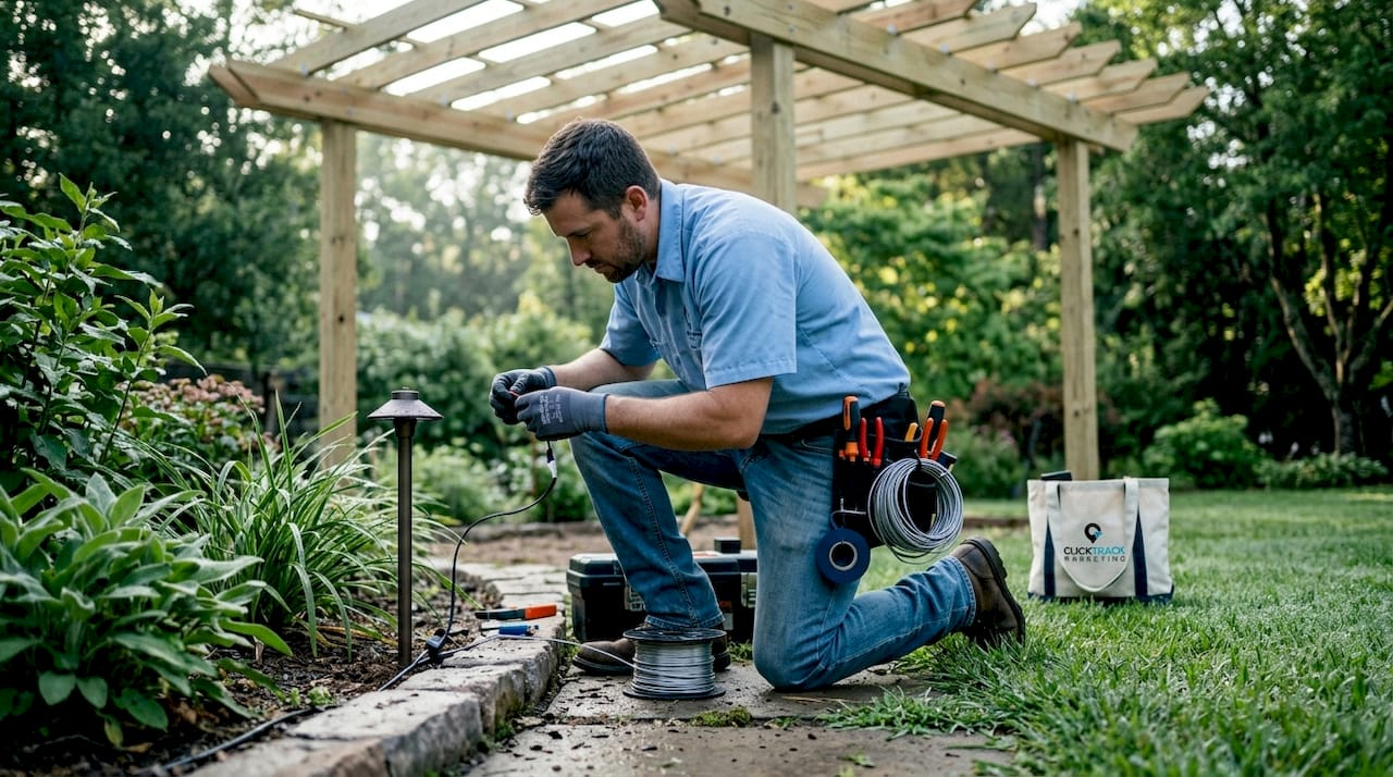 Landscaper installing outdoor lighting near pergola