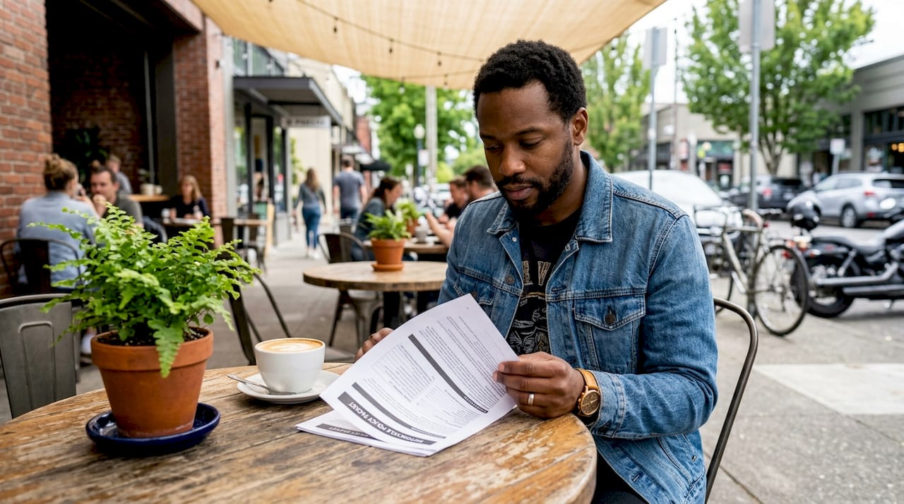 Man reviewing motorcycle insurance document at table
