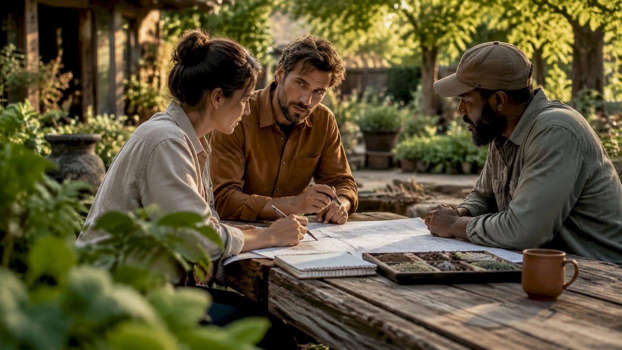 Landscape team reviewing plans outdoors