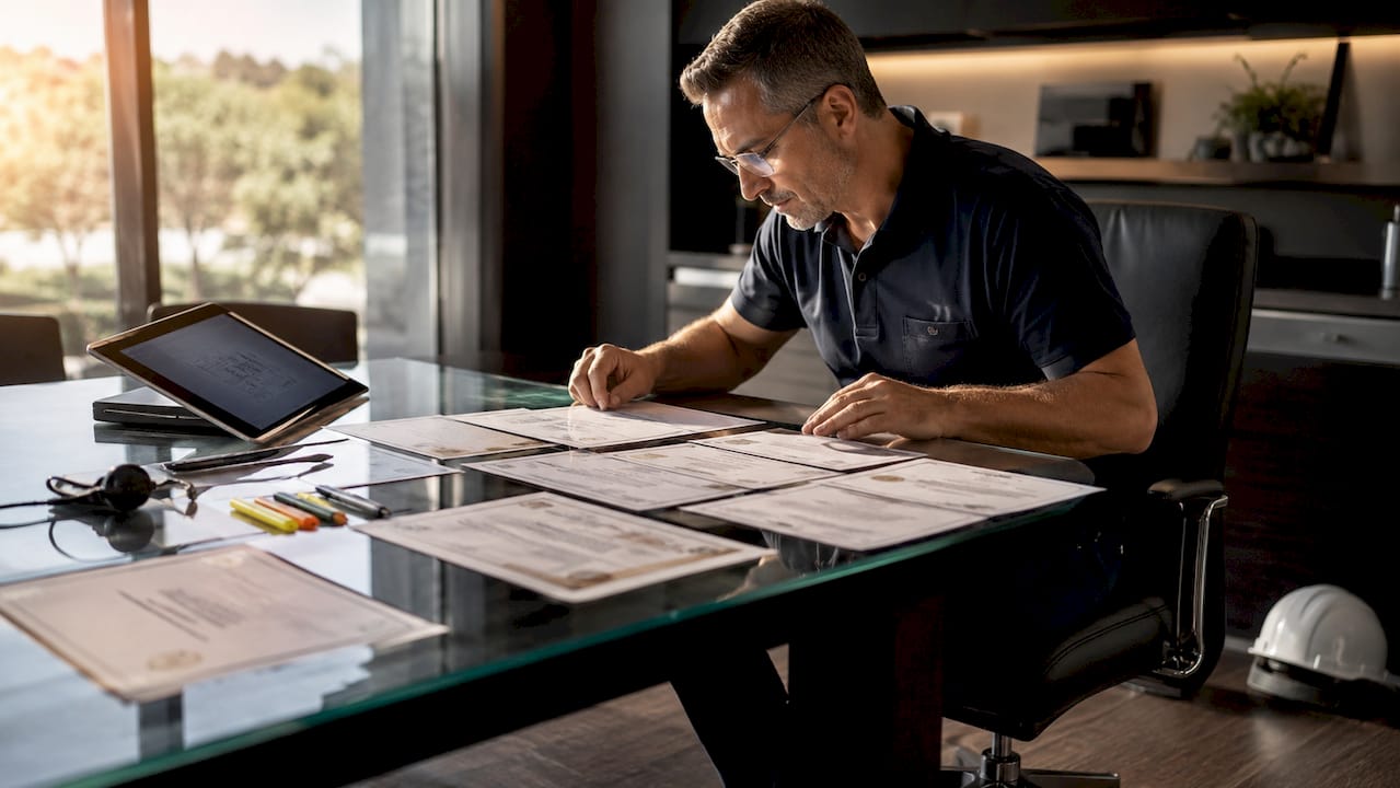 Solar installer reviewing credentials in office