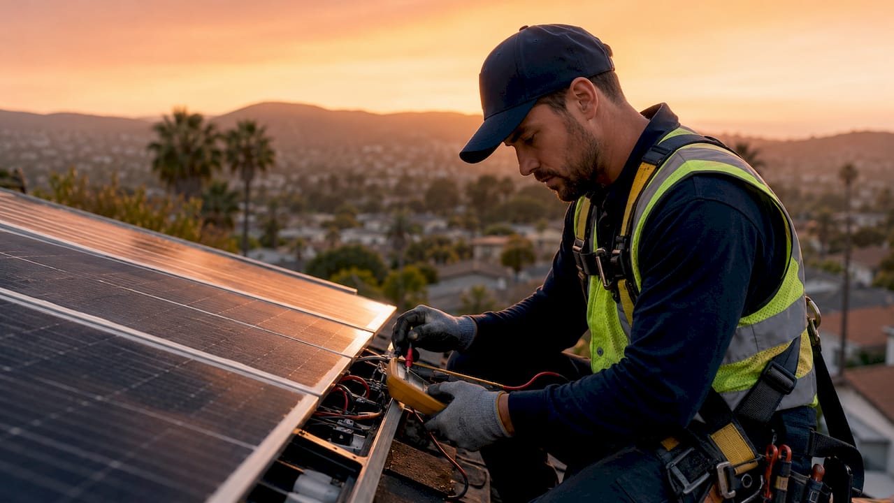 Technician inspecting rooftop solar panels outdoors