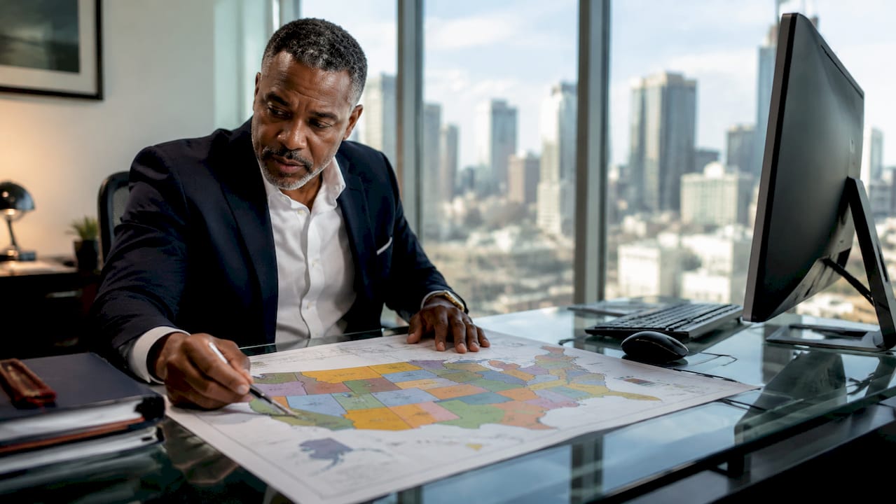 Man pointing to map showing solar licenses by state