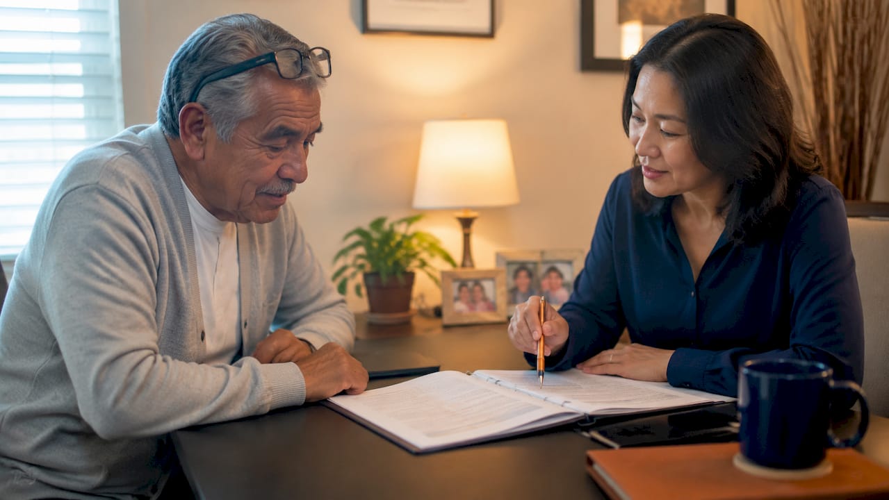 Insurance advisor and client reviewing coverage details