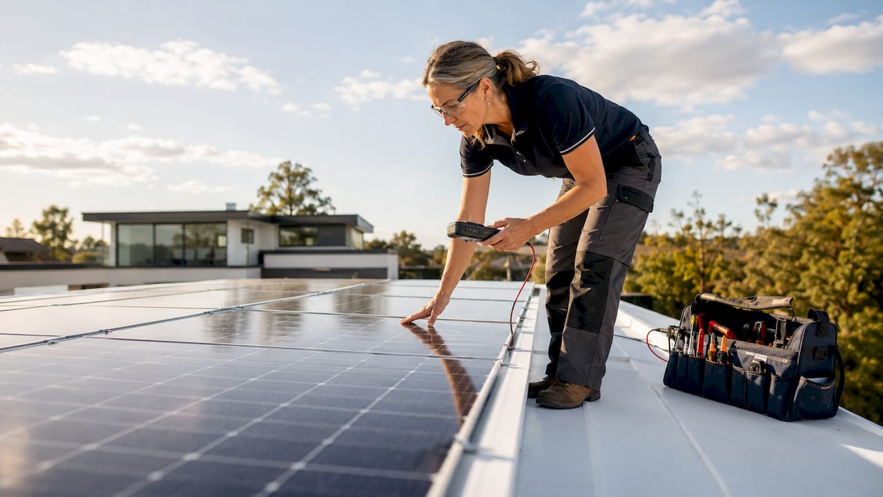 Technician inspecting solar panels on cool roof