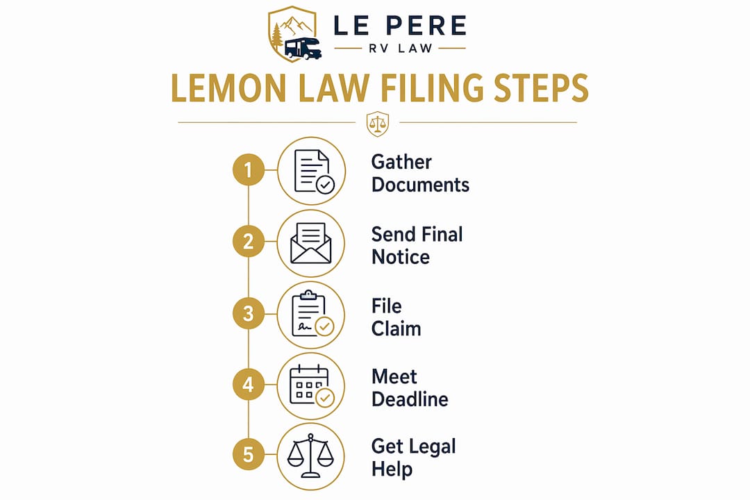 Infographic illustrating steps to file lemon law claim