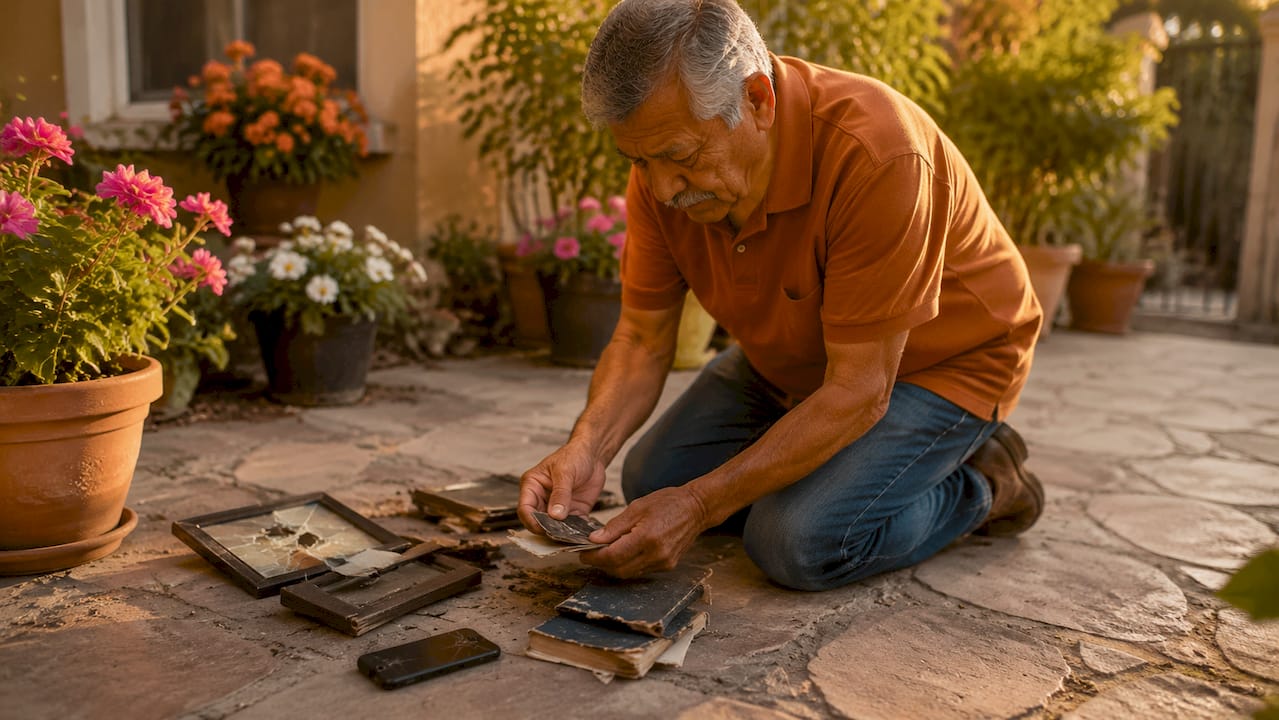 Hands organizing damaged personal belongings for claim