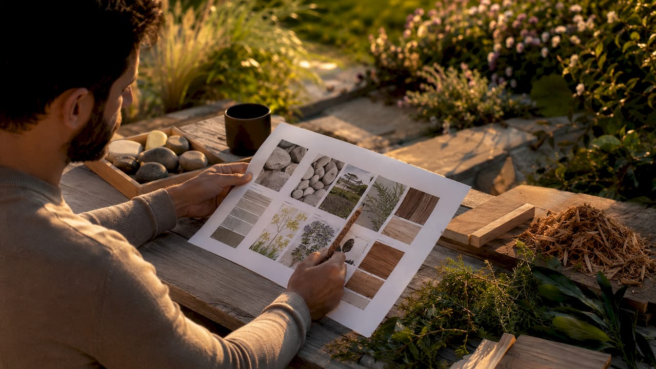 Hands pointing at landscape material schedule sheet