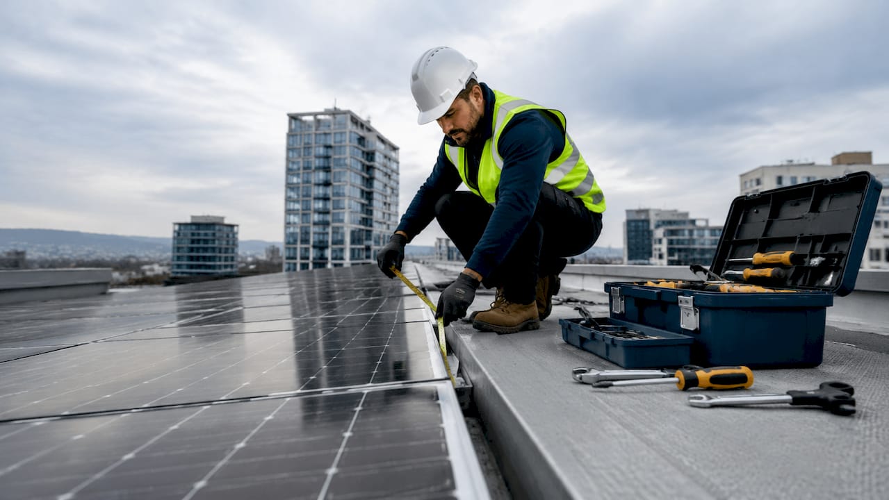 Solar installer measuring solar panel roof clearance on home