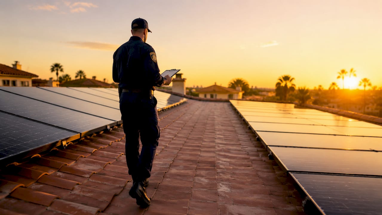 Fire safety inspector inspecting solar panel access pathway on roof