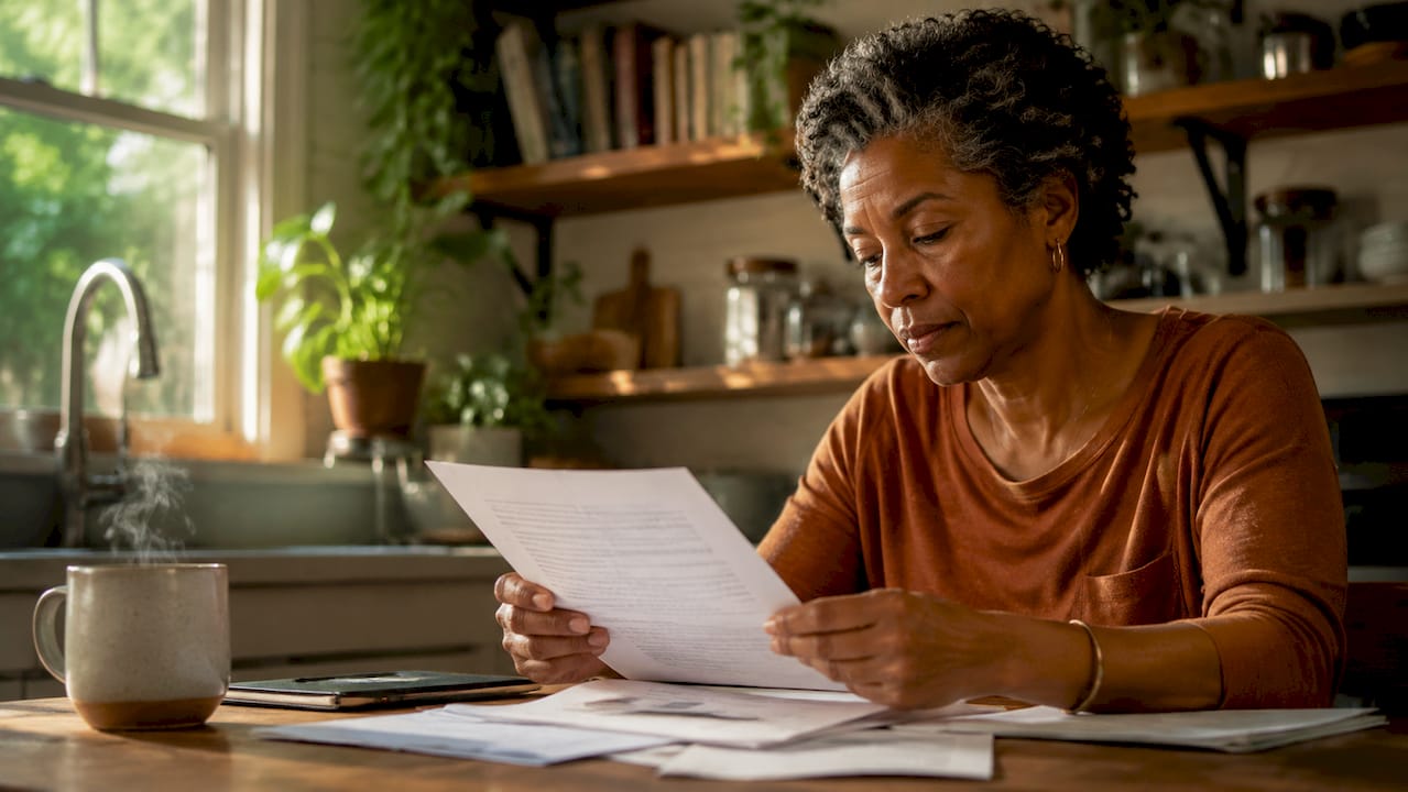 Woman reviewing Louisiana insurance documents at table
