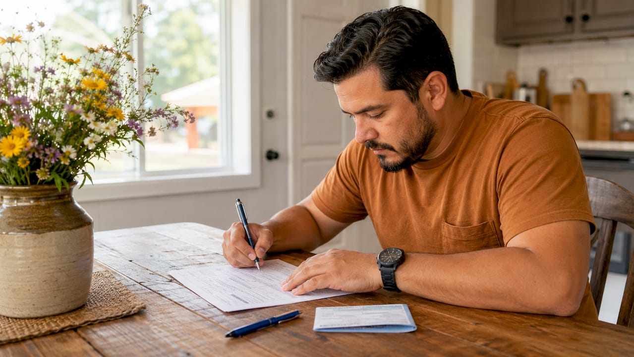 Hands signing Louisiana vehicle registration form