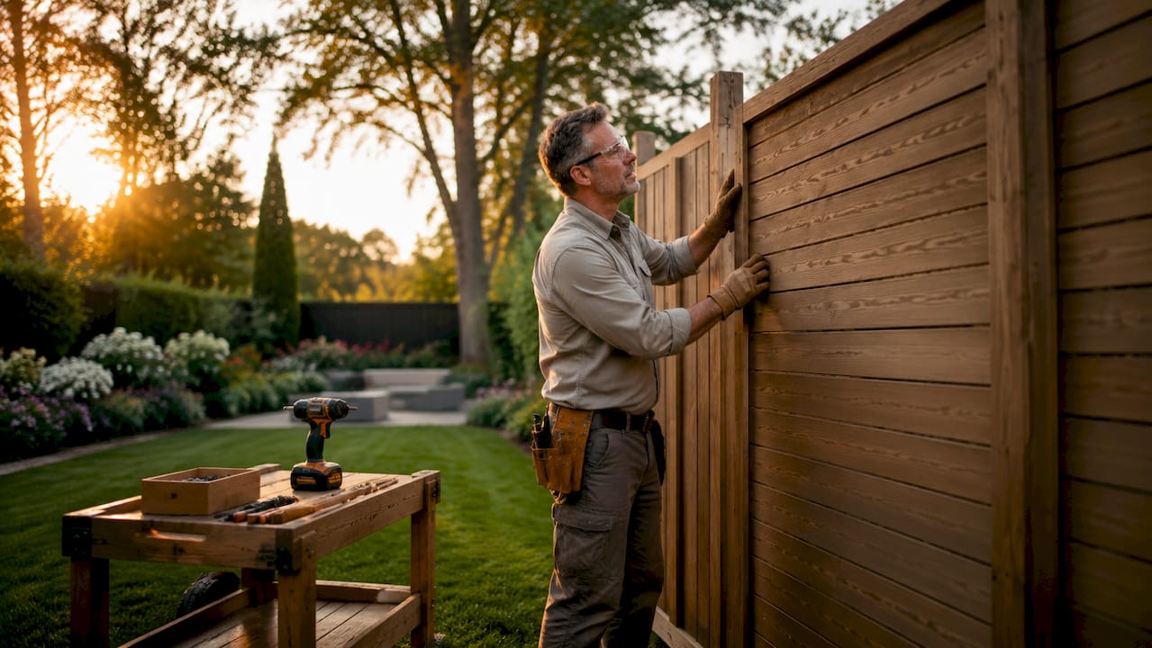 Man installing wooden privacy fence panel outdoors