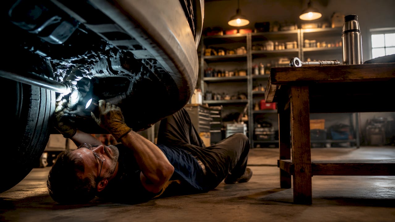 Mechanic inspecting car transmission under hood